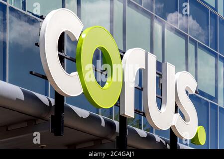 Toronto Kanada, 26. Juni 2020; das Schild am Eingang zu den Corus Fernseh- und Radiostudios am Sugar Beach an der Toronto Waterfront Stockfoto