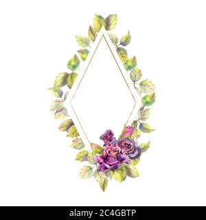 Blüten von dunklen Rosen, grüne Blätter, Zusammensetzung. Rautenförmiger Rahmen auf weißem Hintergrund. Das Konzept der Hochzeitsblumen. Aquarell Stockfoto
