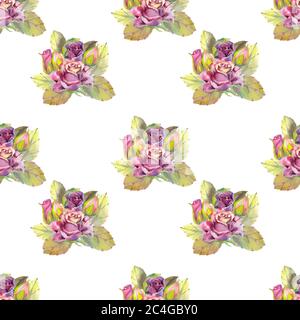 Nahtloses Muster. Dunkle Rosenblüten, grüne Blätter. Blumenplakat, Einladung. Aquarellkompositionen für Grußkarten- oder Einladungsdesign. Stockfoto