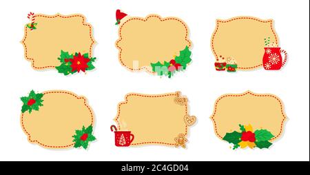 Weihnachtliche Label und Tag beige Flat Set. Neujahrsanhänger dekorierte Objekte, Stechmüsel, Süßigkeiten Cookies Spielzeug, Kerze. Cartoon Urlaub Kollektion weihnachten Patch Labels Kollektion. Vektorgrafik Stock Vektor