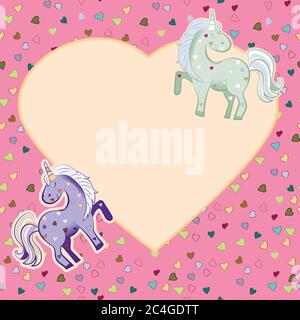 Einhörner in Pastellfarben auf dem Hintergrund der Herzen. Vektorgrafiken. Herzförmiger Rahmen. Illustration zum Valentinstag. Stock Vektor