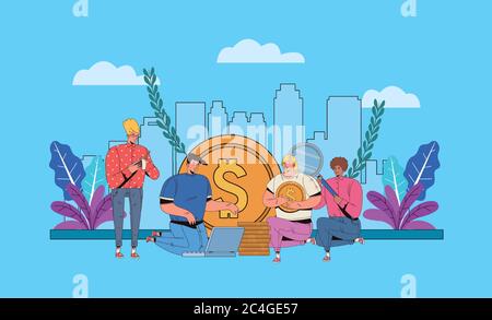 Junge Menschen mit finanziellen Business-Icons Vektor Illustration Design Stock Vektor