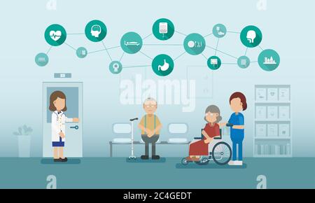 Health Check Konzept mit Arzt und Symbole flache Design Vektor Illustration Stock Vektor