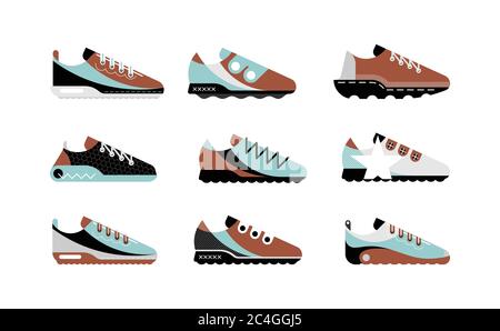 Hellblau, braun, schwarz und grau isoliert auf einem weißen Hintergrund Sportschuhe Vektor-Icon-Set. Sneakers Kollektion. Stock Vektor