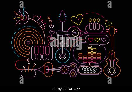 Neon-Farben isoliert auf einem schwarzen Hintergrund abstrakte Musik Kunst Vektor Illustration. Design von farbigen Silhouetten verschiedener Musikinstrumente. Stock Vektor