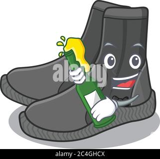 Ein karikatures Design Stil von Dive Booties jubelt mit einer Flasche Wein Stock Vektor