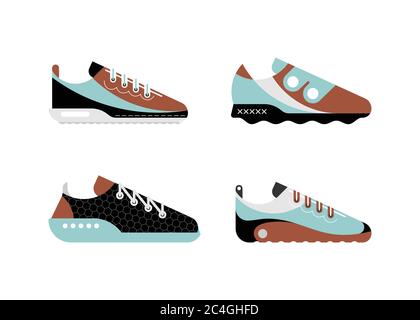 Vier verschiedene moderne Trainer. Blau, braun, schwarz und grau isoliert auf einem weißen Hintergrund Laufschuhe Vektor-Designs. Lässige und sportliche Sneaker. Stock Vektor
