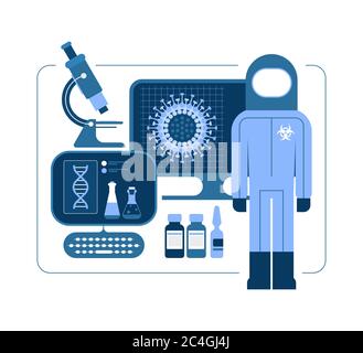 Monochrome blaue Designelemente isoliert auf weißem Hintergrund. Forschung in Medikamenten und Impfstoffen zur Bekämpfung von Covid-19 Konzept Vektor Illustration. Mann i Stock Vektor