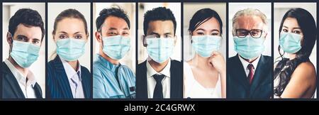 Diverse Menschen mit Gesichtsmaske vor Coronavirus oder COVID-19 geschützt Foto-Set im Banner Konzept der Person kämpfen 2019 Coronavirus Krankheit COVID-19