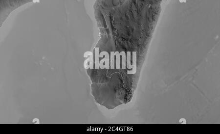 Toliary, autonome Provinz Madagaskar. Graustufen-Karte mit Seen und Flüssen. Form, die gegenüber dem Landesgebiet umrissen ist. 3D-Rendering Stockfoto