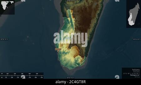 Toliary, autonome Provinz Madagaskar. Farbiges Relief mit Seen und Flüssen. Form präsentiert gegen seine Landesfläche mit informativen Überlagerungen. Stockfoto