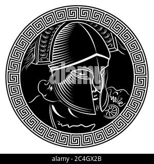 Alte spartanische Krieger, Helm und griechische Ornament mäander Stock Vektor