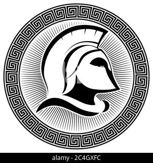Alte spartanische Helm und griechische Ornament mäander Stock Vektor