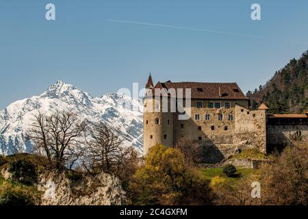 Schloß mit schneebedeckten Bergen Stockfoto