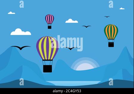 Landschaft mit einem Ballon, Berge und Sonnenuntergang Stock Vektor