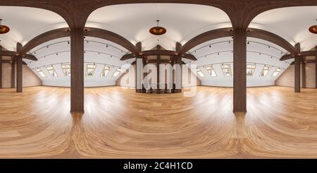 Loft leeres Innenpanorama mit Balken, Ziegelwand, Holzboden. Hohe Auflösung, breit. 3D-Renderdarstellung Stockfoto