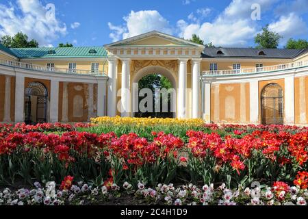 Frühlingsblumen im Hof des Großen Palastes in Archangelskoye Stockfoto