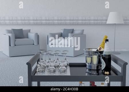 3D-Illustration. Toast. Gläser und eine Flasche Champagner im Vordergrund mit Lounge-Dekor im Hintergrund. Stockfoto