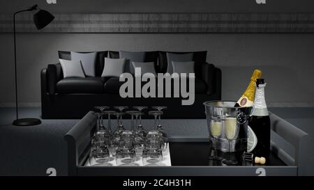 3D-Illustration. Toast. Gläser und eine Flasche Champagner im Vordergrund mit Lounge-Dekor im Hintergrund. Stockfoto