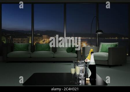 3D-Illustration. Toast. Gläser und eine Flasche Champagner im Vordergrund mit Lounge-Dekor im Hintergrund. Stockfoto