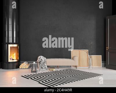 Schwarz skandinavisch, klassische Einrichtung mit Couch, Herd, Kamin, Teppich. 3d-Rendering-Illustration – Modell. Stockfoto