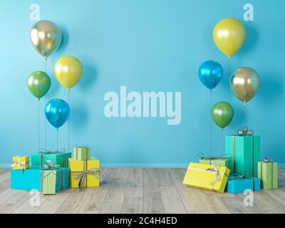 Blaue leere Wand, bunte Interieur mit Geschenken, Geschenken, Luftballons für Party, Geburtstag, Veranstaltungen. 3d-Renderdarstellung, Modellbildung. Stockfoto