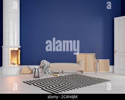 Royal blau skandinavischen, klassischen Interieur mit Couch, Herd, Kamin, Teppich. 3d-Rendering-Illustration – Modell. Stockfoto