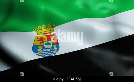 3D Illustration einer wehenden Region Flagge von Extremadura (Spanien Land) Stockfoto