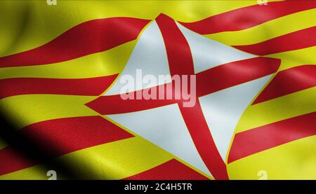 3D-Illustration einer wogenden Provinzflagge von Barcelona (Spanien Land) Stockfoto