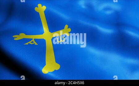 3D-Illustration einer wogenden Provinz Flagge von Asturien (Spanien Land) Stockfoto