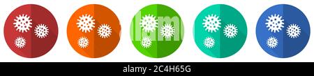 Virus Icon Set, Coronavirus, covid-19, Infektion, rot, blau, grün und orange flaches Design Web-Tasten isoliert auf weißem Hintergrund, Vektor illustratio Stock Vektor