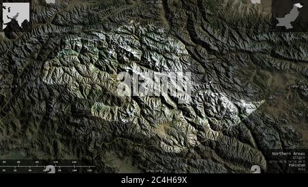 Nördliche Gebiete, zentral verwaltete Gebiet von Pakistan. Satellitenbilder. Form präsentiert gegen seine Landesfläche mit informativen Überlagerungen. 3D ren Stockfoto