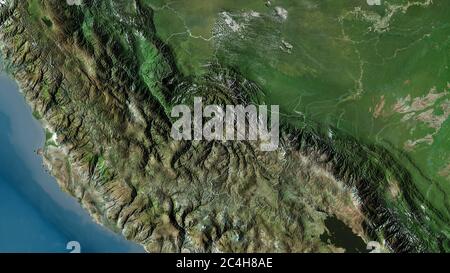 Cusco, Region von Peru. Satellitenbilder. Form, die gegenüber dem Landesgebiet umrissen ist. 3D-Rendering Stockfoto