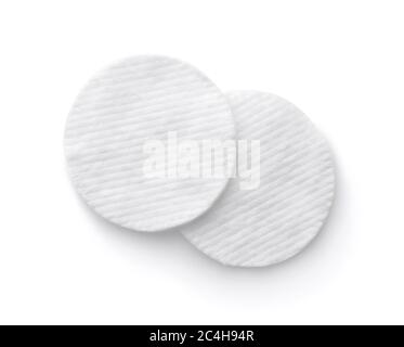 Draufsicht auf zwei Make-up-Wattepads isoliert auf weiß Stockfoto