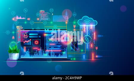 Software-Entwicklung, Web-Codierung auf Laptop. Synchronisation Arbeitsdaten mit Cloud-Speicher. Konzept der Programmieranwendungen. Website-Design, Codierung Stock Vektor