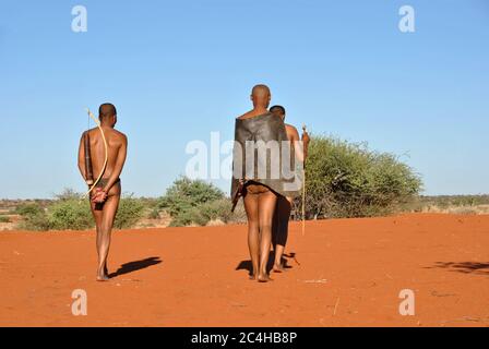 Kalahari, Namibia - 24. Jan 2016: Buschmänner-Jäger in der Wüste. Die San, auch Buschmänner genannt, sind Mitglieder verschiedener einheimischer Jäger und Sammler Stockfoto