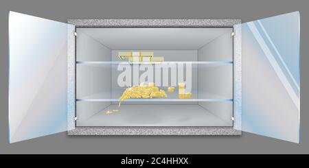 Offenes Regal mit Goldmünzen und Banknoten. Aufbewahrung von Bargeld und wertvollen Gegenständen. Bankkonzept. Ein Unternehmen gründen. Wenige Stapel von Dollarscheinen. Vektor-il Stock Vektor