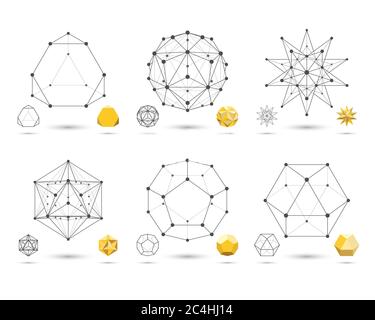 Set von abstrakten geometrischen 3D-Formen aus dreieckigen Flächen für Grafikdesign. Rahmen volumetrische Goldform mit Kanten und Scheitelpunkten. Geometrie wissenschaftlich Stock Vektor