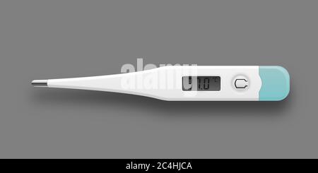 Medizinisches Digitalthermometer mit Zahlen von 37 Grad. Realistisches Einzelobjekt isoliert auf grauem Hintergrund. Vektorgrafik Stock Vektor