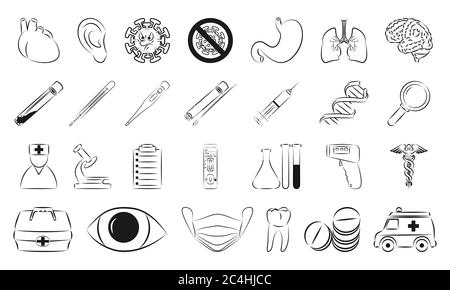 Medizin und Gesundheitswesen Set von schwarzen Symbolen in Skizze Stil. Vektorgrafik. Stock Vektor