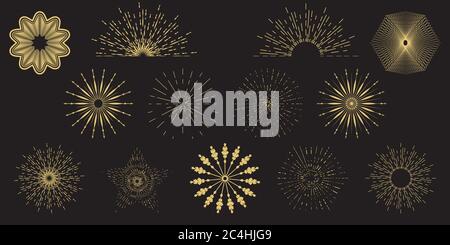 Vintage-Sonnenplatzen Rahmen und Design-Elemente, mit geometrischer Form, Gold Lichtstrahlen isoliert auf einem schwarzen Hintergrund. Vektorgrafik. Stock Vektor