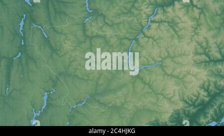 Penza, Region von Russland. Farbiges Relief mit Seen und Flüssen. Form, die gegenüber dem Landesgebiet umrissen ist. 3D-Rendering Stockfoto