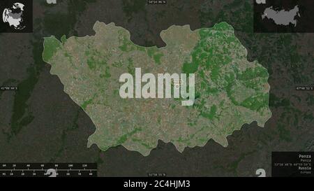 Penza, Region von Russland. Satellitenbilder. Form präsentiert gegen seine Landesfläche mit informativen Überlagerungen. 3D-Rendering Stockfoto