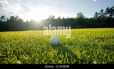 Grünes Gras mit Golfball Nahaufnahme in weichem Fokus bei Sonnenlicht. Sportplatz für Golfclub Konzept - weite Landschaft als Hintergrund für Ihre Stockfoto