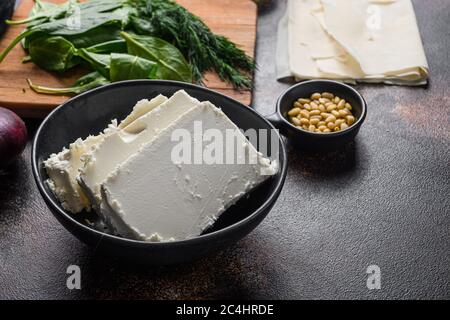 Traditioneller Feta-Käse in schwarzer Schüssel Seitenansicht vor den Zutaten. Stockfoto