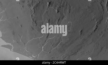 Östlich, Provinz Sierra Leone. Graustufen-Karte mit Seen und Flüssen. Form, die gegenüber dem Landesgebiet umrissen ist. 3D-Rendering Stockfoto