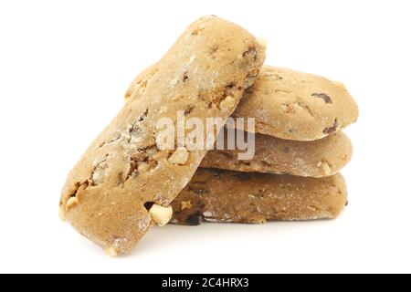 Cranberry und Schokoladenkekse auf weißem Hintergrund Stockfoto