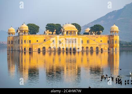 Der Blick auf Jal Mahal mit Vögeln schwimmen in der Front, Jaipur, Rajasthan, Indien Stockfoto