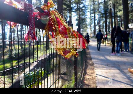 01/04/2019 rot und gelb Farbe Tuch auf der Seite zu Fuß von Hadimba Tempel in Manali, Himachal Pradesh gebunden / Indien Stockfoto