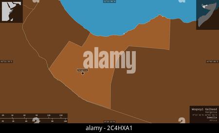 Woqooyi Galbeed, Region Somalia. Gemusterte Feststoffe mit Seen und Flüssen. Form präsentiert gegen seine Landesfläche mit informativen Überlagerungen. 3D ren Stockfoto